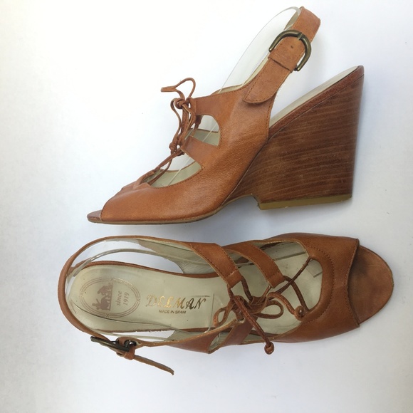 Delman Shoes - Delman Lace Up Tan Leather Wedge Slingbacks 8.5
